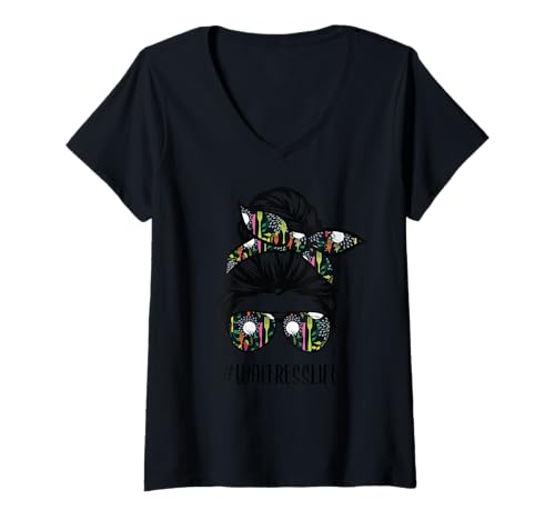 Damen Kellner das Leben unordentliches Brötchen Haarbrillen T-Shirt mit V-Ausschnitt Damen Kellner das Leben unordentliches Brötchen Haarbrillen T-Shirt mit V-Ausschnitt von Kellnerin Leben