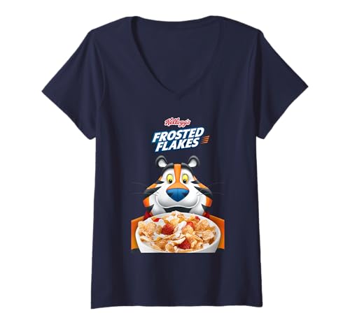 Damen Kellogg's Frosties Frosted Flakes Müsli Tony the Tiger Bowl T-Shirt mit V-Ausschnitt Damen Kellogg's Frosties Frosted Flakes Müsli Tony the Tiger Bowl T-Shirt mit V-Ausschnitt von Kellogg's
