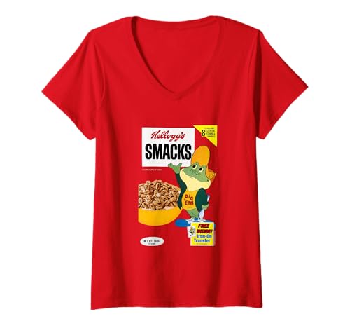 Damen Kellogg's Smacks Frühstücksmüsli Retro Box Art Dig 'Em Frog T-Shirt mit V-Ausschnitt von Kellogg's