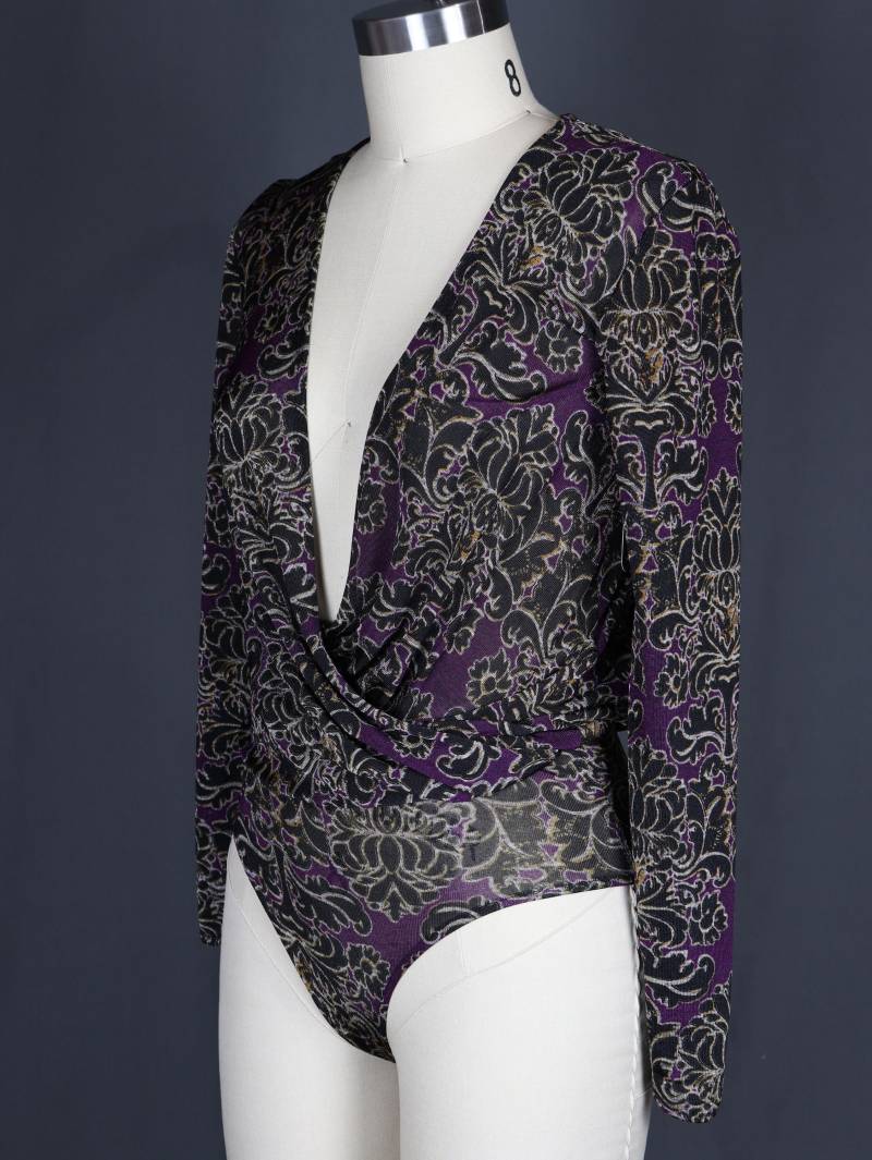 Filigraner Damast Body - Lila Gold Wickeltop | xs von KellyMaddenClothing