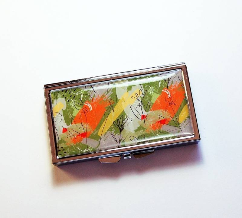 7 Tage Pillendose Mit Abstraktem Design in Grün Orange Und Gelb, Für Geldbörse, Geschenk Sie, Reise | 9007 von KellysMagnets