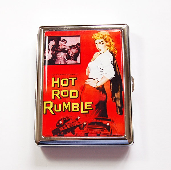 Metall Zigarettenetui, Retro Design, Zigarettenspender, Portemonnaie, Zigarettenschachtel, Hot Rod Rumble, Rot, Zigarettenbox Aus | 4936S von KellysMagnets