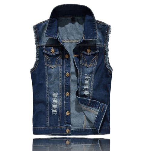 Herren Denim Westen Zerrissen Casual Ärmellos Biker Fashion Jeansweste von Kelmon