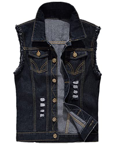 Herren Denim Westen Zerrissen Casual Ärmellos Biker Fashion Jeansweste von Kelmon