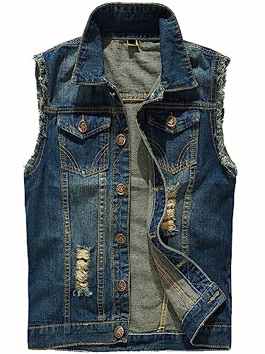 Herren Denim Westen Zerrissen Casual Ärmellos Biker Fashion Jeansweste von Kelmon