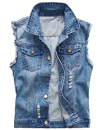 Herren Denim Westen Zerrissen Casual Ärmellos Biker Fashion Jeansweste von Kelmon