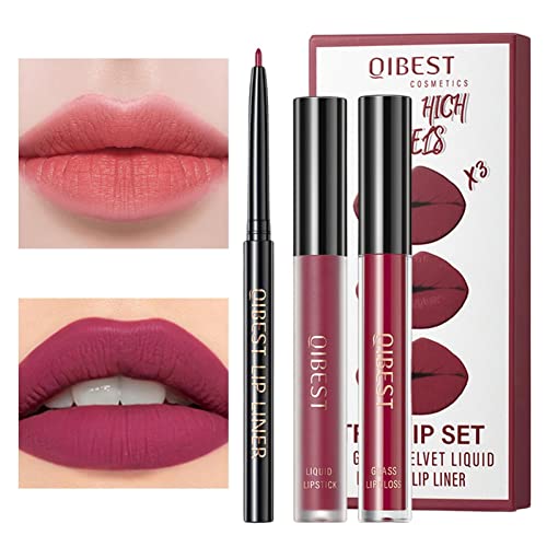 Set aus flüssigem Lippenstift und Lip Liner - Make-up Flüssiger Lippenstift-Set - Inklusive 1 Lipgloss + 1 Lip Glaze + 1 Lip Liner, langlebiges Antihaft-Schalen-Make-up-Set für Frauen und Keloc von Keloc