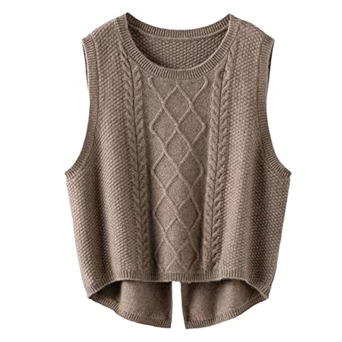 Weste aus 100 % Merinowolle, Damen, Rundhalsausschnitt, Weste, Herbst, Winter, Strickbündchen, One-Shoulder-Mode, warmer Pullover, Deep Camel, M von Kelsiop