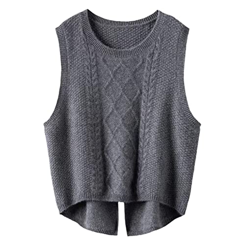 Weste aus 100 % Merinowolle, Damen, Rundhalsausschnitt, Weste, Herbst, Winter, Strickbündchen, One-Shoulder-Mode, warmer Pullover, dunkelgrau, L von Kelsiop