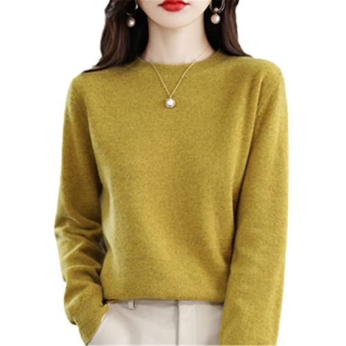 100% Wolle Kaschmir Pullover Damen O-Ausschnitt Pullover Casual Knit Top Herbst Winter Mantel, Herbstgelb, S von Kelsiop