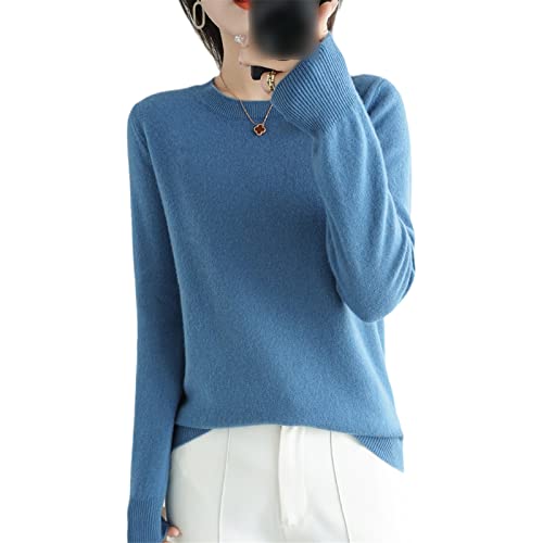 100% Wolle Kaschmir Pullover Damen O-Ausschnitt Pullover Casual Knit Top Herbst Winter Mantel, blau, L von Kelsiop