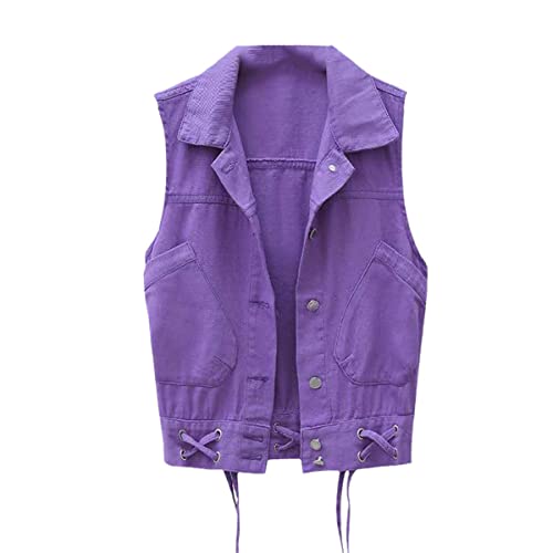 Ärmellose Damenjacke, Revers, Jeansjacke, Tasche, Jeans, Knopf, violett, M von Kelsiop