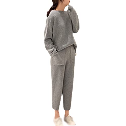 Damen Strick 2 Stück Sportbekleidung Winter Verdickt Warm O-Neck Lose Pullover + Knöchel Hose Warm Kaschmir Anzug, grau, Small von Kelsiop
