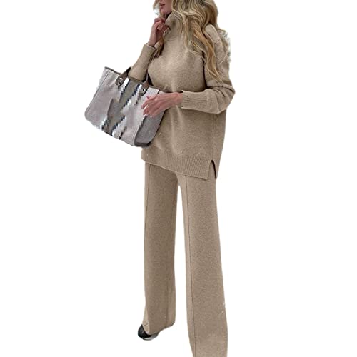 Damen Wolle Strickanzug Rollkragen + Hose Loose Style Zweiteilige Strickbekleidung Sportbekleidung, Apricot 2, Small von Kelsiop