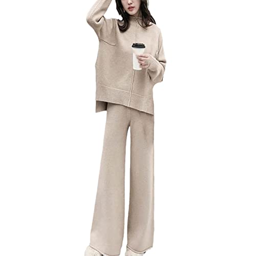 Gestrickter Weites Bein Hosenanzug Zweiteiliger Damen Winter Kaschmir Pullover Weites Bein Hose Westernanzug Anzug, beige, Large Gestrickter Weites Bein Hosenanzug Zweiteiliger Damen Winter Kaschmir Pullover Weites Bein Hose Westernanzug Anzug, beige, Large von Kelsiop