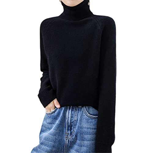 Herbst Winter Damen Pullover Rollkragen Kaschmir Pullover Langarm Casual Basic Sweater, Schwarz , M von Kelsiop