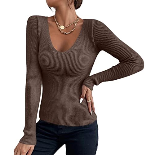 Herbst Winter Damen Rippstrick V Ausschnitt Gestreift Pulled Sweater Langarm Pullover Jersey Top Mode Kleidung, Farbe: Schokobraun, L von Kelsiop