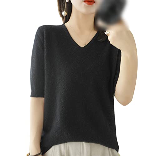 Herbst und Winter Cashmere Sweater Damen Strick Kurzarm Pullover Sweater V-Ausschnitt Lose Oberteil, Schwarz , M von Kelsiop
