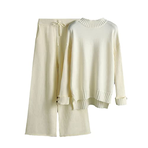 Herbst und Winter Strickhose Anzug Damen Rollkragenpullover Verdickte Lose Weite Bein Hose Zweiteiliges Set, aprikose, Einheitsgröße von Kelsiop