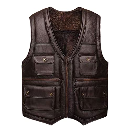 Herren Volllederweste Motorradweste Tasche Schwarz Braun Ledermantel Winterjacke, 2, XXL von Kelsiop