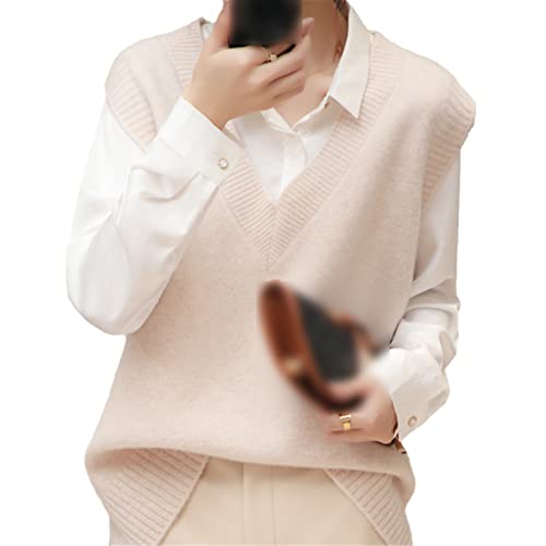 Kaschmirweste Damen Herbst und Winter V-Ausschnitt Bifurcated Ärmellose Weste 100% Wolle Pullover Vielseitige Strickweste, beige, XL von Kelsiop
