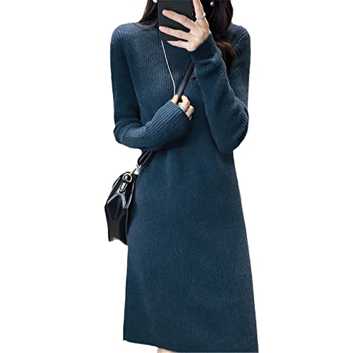 Kelsiop 100% Kaschmir und Wolle Strickkleid Damen Winter Mode Lang Warm Kleid, blau, Medium von Kelsiop