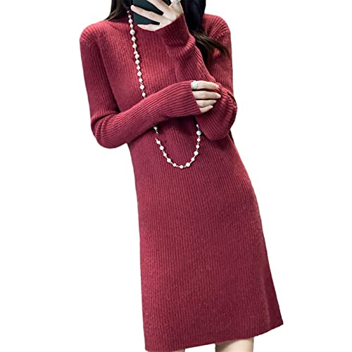 Kelsiop 100% Kaschmir und Wolle Strickkleid Damen Winter Mode Lang Warm Kleid, rot, L von Kelsiop