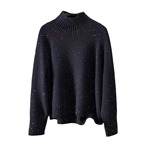 Kelsiop 100% Wolle Damen Pullover Casual Strickoberteil Herbst und Winter Verdickter halber Rollkragen Kaschmir Pullover, Schwarz , XL von Kelsiop