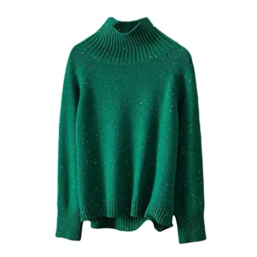 Kelsiop 100% Wolle Damen Pullover Casual Strickoberteil Herbst und Winter Verdickter halber Rollkragen Kaschmir Pullover, grün, M von Kelsiop