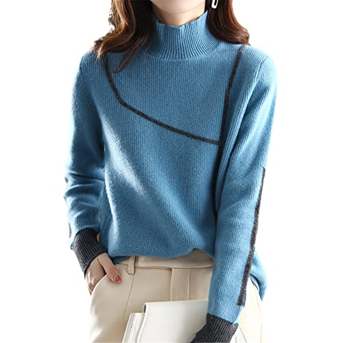 Kelsiop 100% Wolle Kaschmir Pullover Herbst und Winter Damen Rollkragen Pullover Casual Color Block Mantel Strickoberteil, Haze Blue, L von Kelsiop