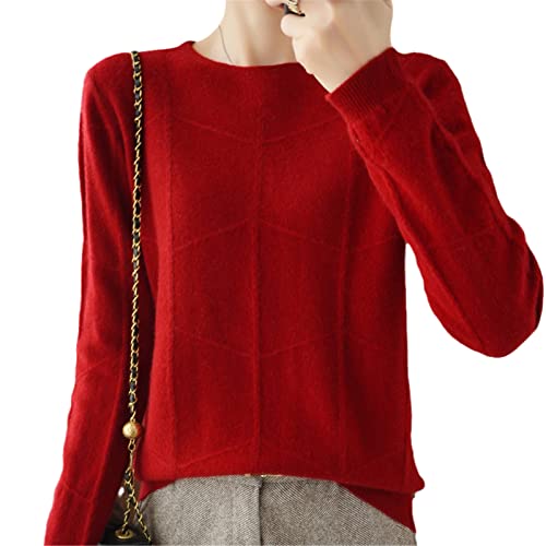 Kelsiop Herbst/Winter Damen Langarm Strick Pullover Kaschmir Wolle Karo Muster Pullover Casual Slim Top, burgunderfarben, L von Kelsiop