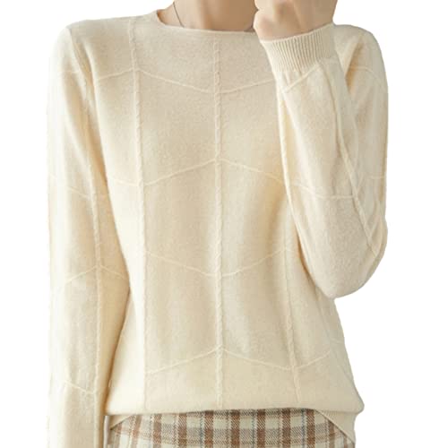 Kelsiop Herbst/Winter Damen Langarm Strickpullover Kaschmir Wolle Karomuster Sweater Casual Slim Top, Helles Aprikosenfarben, XXL von Kelsiop