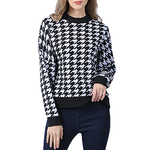 Kelsiop Herbst Winter Pullover Damen Strickpullover Casual Hahnentritt Pullover Langarm Pullover Retro Top, Schwarz , XL von Kelsiop