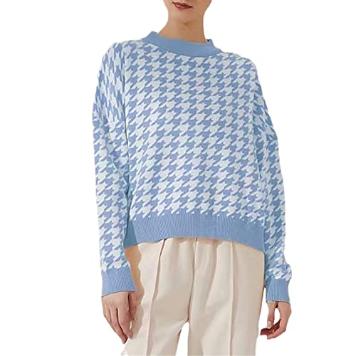 Kelsiop Herbst Winter Pullover Damen Strickpullover Casual Hahnentritt Pullover Langarm Pullover Retro Top, blau, XX-Large von Kelsiop
