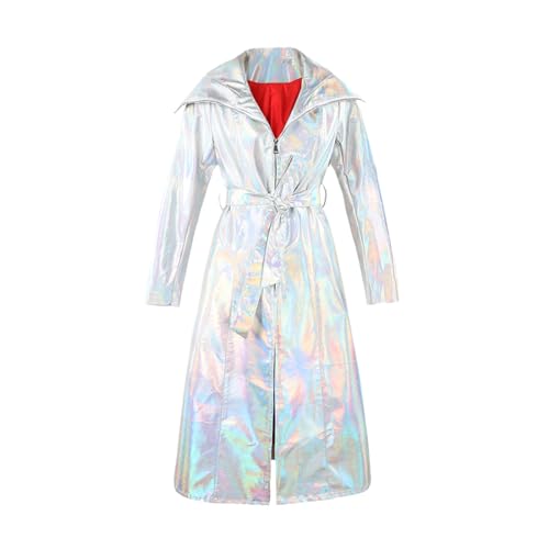 Kelsiop Herbstlicher Langer Wind- Und Wasserdichter, Glänzender, Reflektierender, Silberfarbener Holografischer Lackleder-Kunstledermantel von Kelsiop