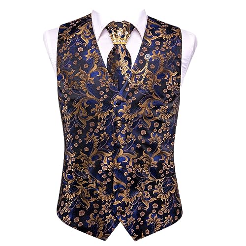 Kelsiop Jacquard Seide Herren Weste Set Weste Krawatte Taschentuch Manschettenknöpfe Brosche Krawattenklammer Für Hochzeit Business MJ3006-XZ0313 S von Kelsiop