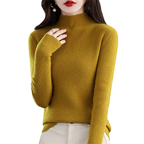 Kelsiop Nahtloser 100% Merino Pullover Damen Rollkragen Pullover Slim Fit Mode Strick Bottoming Shirt, senfgelb, S von Kelsiop