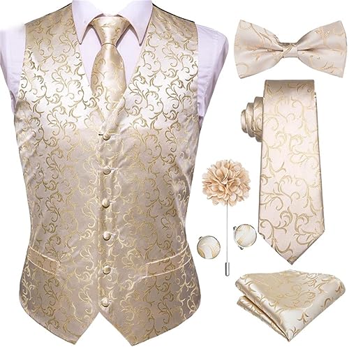 Kelsiop Seide Herren Westen Jacquard Champagner Floral Weste Krawatte Fliege Brosche Einstecktuch Manschettenknöpfe Set Für Anzug Hochzeit Business multi L von Kelsiop