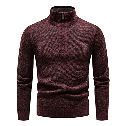 Kelsiop Winter Fleece Pullover Herren Verdickter Warmer Strickpullover Schlank Kleiner Rollkragenpullover Half Zip Sweater, burgunderfarben, X-Large von Kelsiop