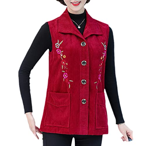 Lose Weste Damen Mode Stickerei Cord Frühling und Herbst Mantel Mittelalter und ältere Menschen dünne Weste, rot, 50 von Kelsiop