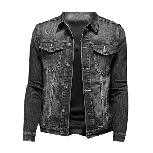 Spring Fashion Denim Jacke Slim Fit Karo Denim Jacke Plus Size Herren Knopfleiste Tasche Jacke, 6 schwarz grau, XL von Kelsiop