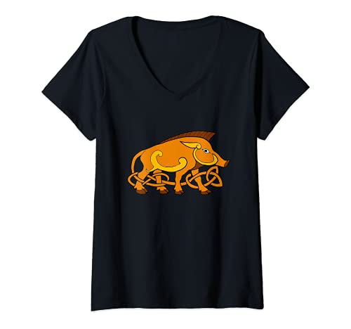 Damen Mittelalterliche Kunst Keltischer Knoten Wildschwein T-Shirt mit V-Ausschnitt Damen Mittelalterliche Kunst Keltischer Knoten Wildschwein T-Shirt mit V-Ausschnitt von Keltische Träume