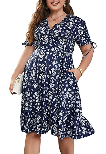 Keluummi Hochzeitsgästekleider für Damen, Übergröße, Sommer, lässig, Boho, Blumen-Midikleid, V-Ausschnitt, Empire-Taille mit Tasche, 01 - Marineblau mit Blumenmuster, 46 Mehr von Keluummi