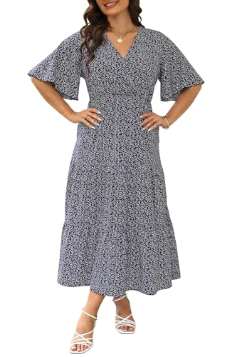 Keluummi Übergröße Hochzeitsgästekleid für Damen, Sommer, lässig, Boho, Blumenmuster, Maxikleid, 3/4-Ärmel, Empire-Taille mit Tasche, 01 - Marineblau, Weiß, Blumenmuster, 52 Mehr von Keluummi