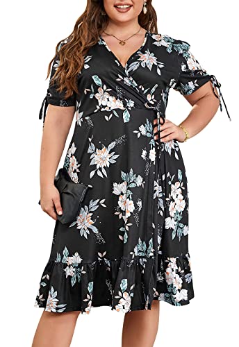 Keluummi Hochzeitsgästekleider für Damen, Übergröße, Sommer, lässig, Boho, Blumen-Midikleid, V-Ausschnitt, Empire-Taille mit Tasche, 05 - Black Floral, 50 Mehr von Keluummi