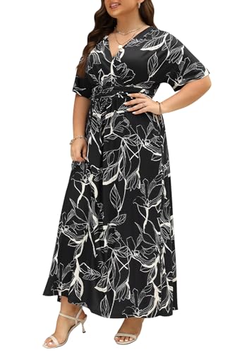 Keluummi Übergröße Damen Frühling Casual Empire Taille Boho Floral Maxi Wrap Kleid mit Tasche Flatterärmel V-Ausschnitt, Schwarz, floral, 52 Mehr von Keluummi