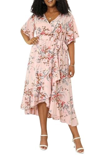 Keluummi Übergröße Hochzeitsgästekleid für kurvige Frauen, Sommer, lässig, Boho, Blumenmuster, Maxi-Wickelkleid, Empire-Taille mit Tasche, 01 - Pink Floral, 44 Mehr von Keluummi