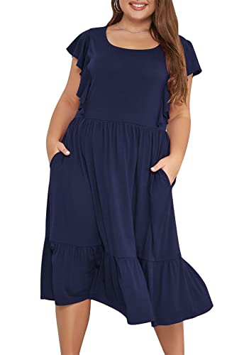 Übergröße Damen Sommer Blumen Casual Gestuftes Midikleid mit Tasche Rüschen Ärmel U-Ausschnitt, Marineblau, 56 Mehr von Keluummi
