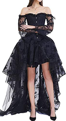 Kelvry Damen Schwarz Steampunk Corsagenkleid Vintage Spitzen Bustier Corsage mit Asymmetrischer Rock von Kelvry