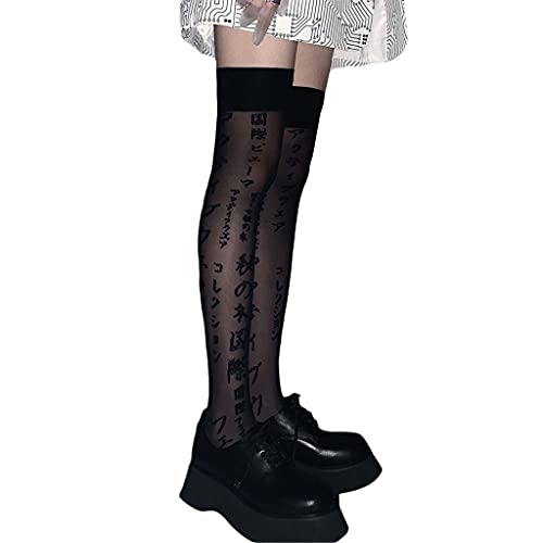 Kemelo Damen Punk Schwarz Oberschenkel Hohe Strümpfe Harajuku Japanischer Buchstabe Lolita Lange Socken,Kniestrümpfe Damen,Schwarz von Kemelo